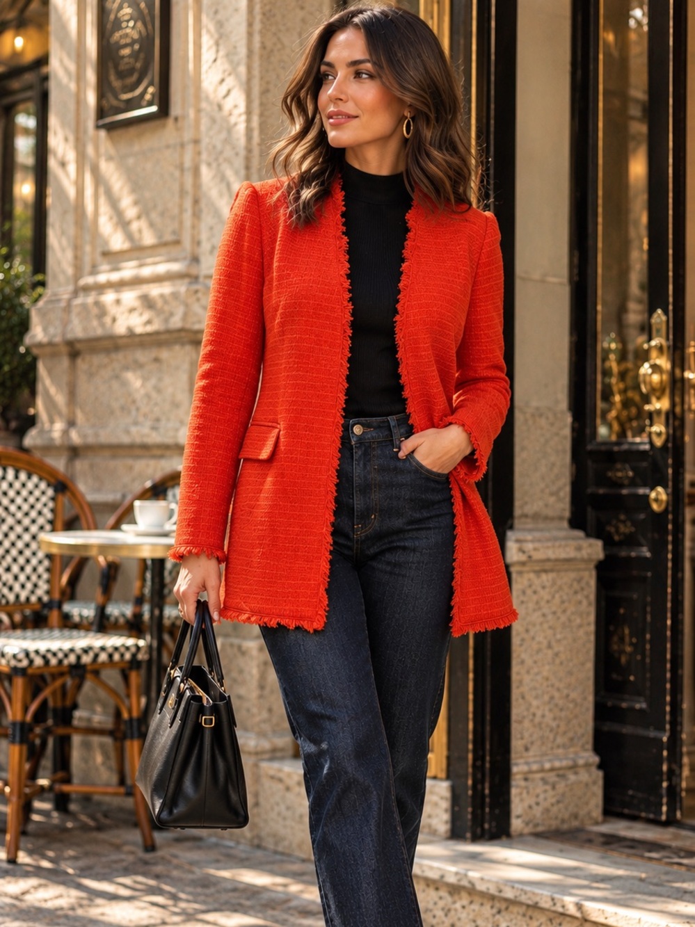 Banana Republic Red XS Longline Tweed Jacket Fringe Trim Parisian